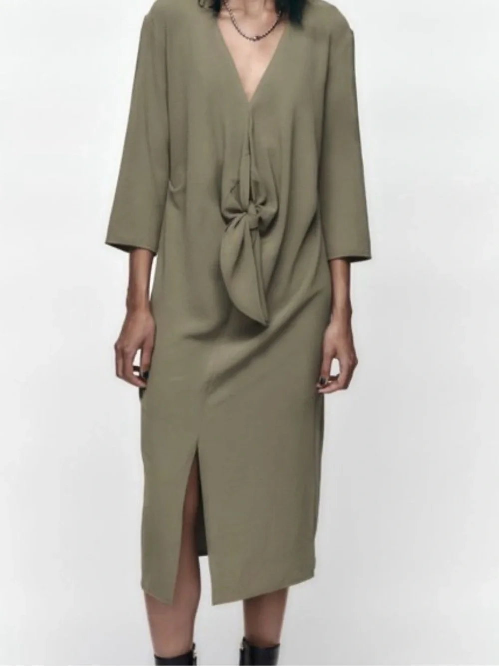 zara midi dress with front tie FLOWING MIDI DRESS WITH TIE - Orange
